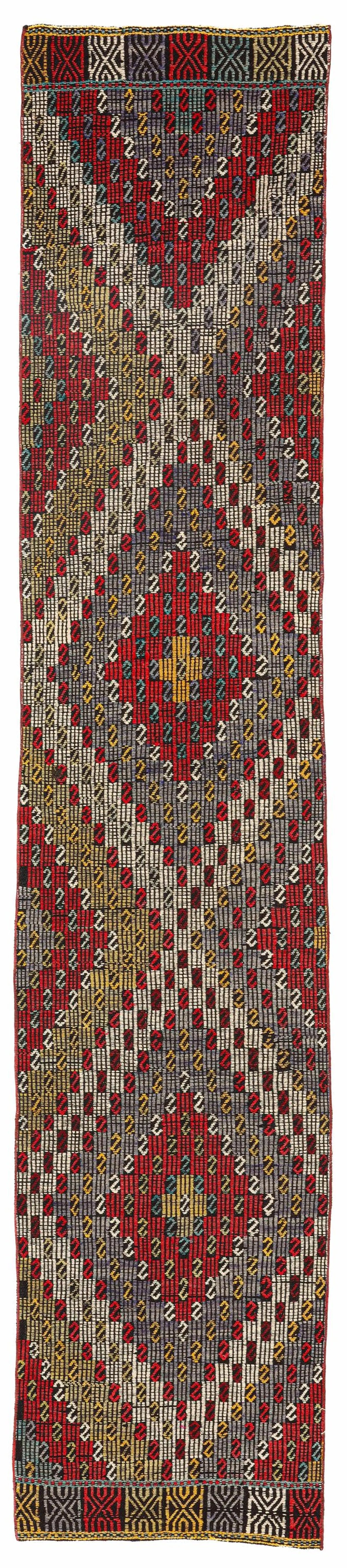 Vintage Turkish Runner Rug, Extra Long Wool Hallway, Red Grey Tribal