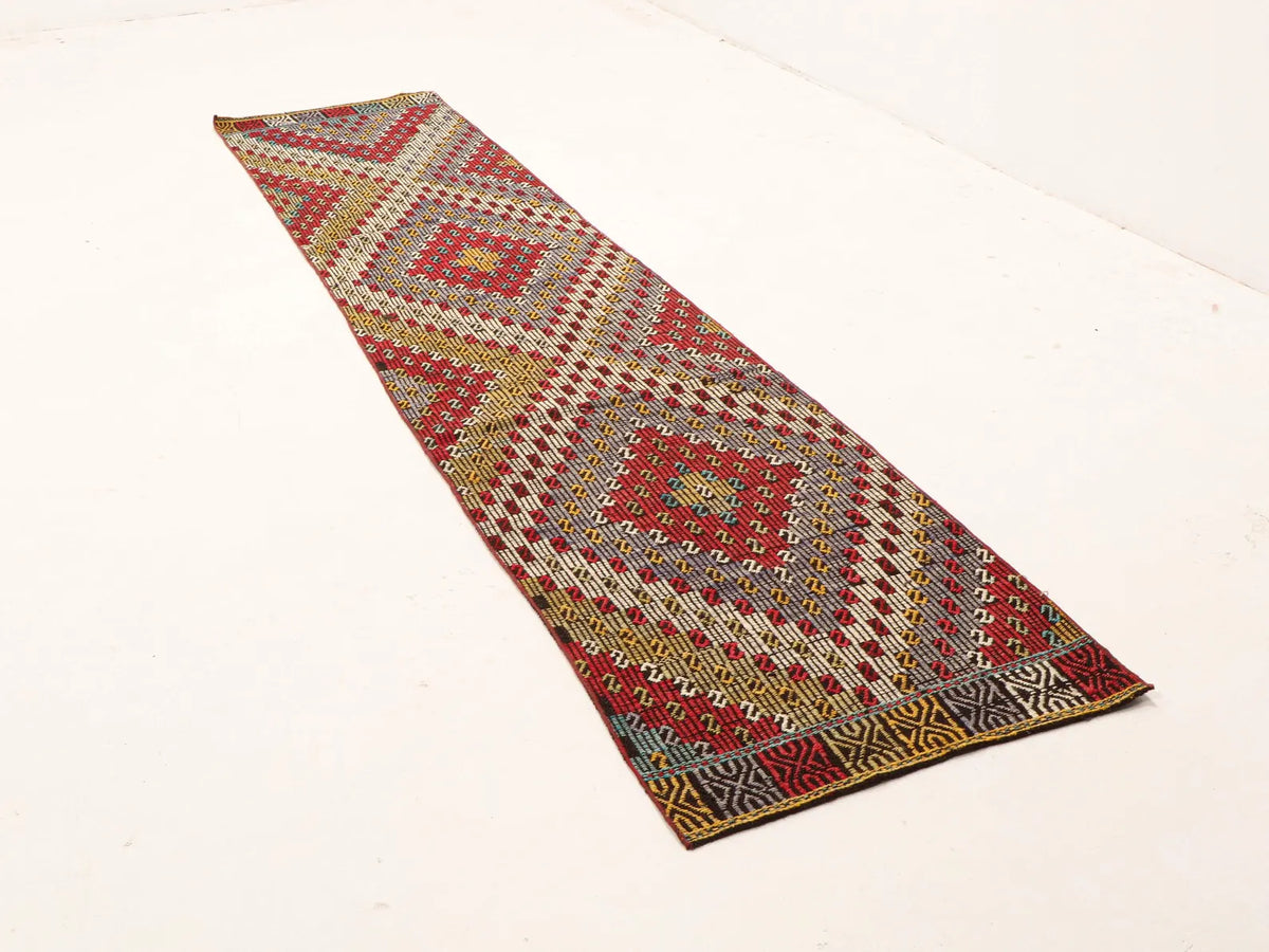 Vintage Turkish Runner Rug, Extra Long Wool Hallway, Red Grey Tribal