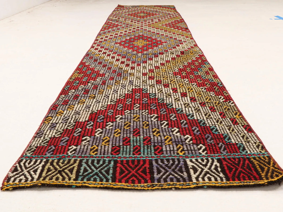Vintage Turkish Runner Rug, Extra Long Wool Hallway, Red Grey Tribal